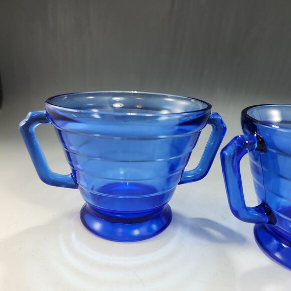 VTG Moderntone Creamer & Open Sugar Set 2 pc Cobalt Blue Hazel Atlas Glass 1930s - Picture 4 of 6